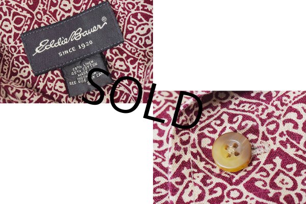 画像2: ビンテージ【エディーバウアー】【Eddie Bauer】【エンジ×生成り】【総柄】【リネン×コットン】【半袖シャツ】【開襟シャツ】【サイズS】  (2)