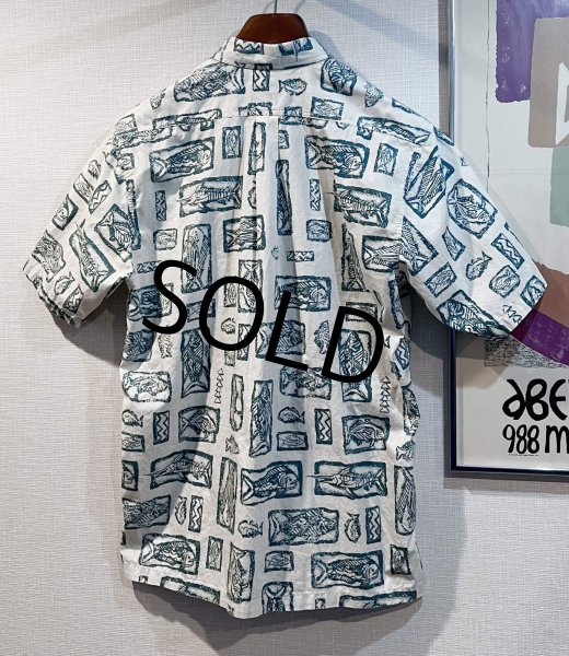 画像3: 【ビンテージ】【HOOK&TACKLE】【生成り×緑】魚柄【BDシャツ】半袖シャツ【サイズM】  (3)