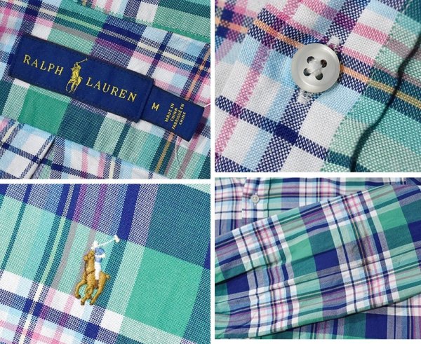 画像2: POLO RALPH LAUREN【ラルフローレン】ビンテージ【緑x紺x白】【マドラスチェック】【ボタンダウン半シャツ】【サイズM】   (2)