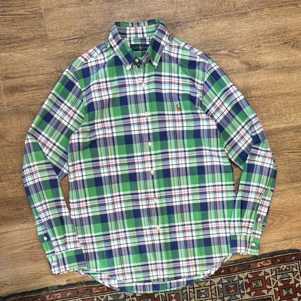 画像1: POLO RALPH LAUREN【ラルフローレン】ビンテージ【緑ｘ紺ｘ白】【マドラスチェック】【ボタンダウン半シャツ】【サイズM】   (1)