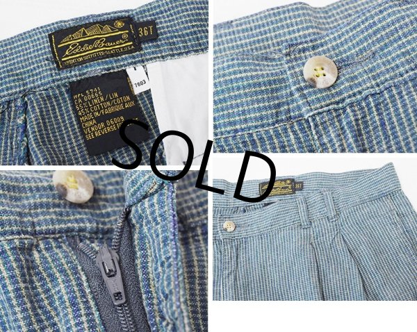 画像2: ビンテージ【Eddie Bauer】エディーバウアー 【紺×緑チェック】【2タック】【リネンコットンショーツ】【短パン】【W36】  (2)