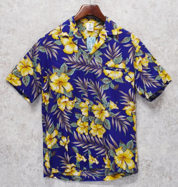 画像1: ハワイ製【creation hawaii】【青×黄色花柄】【コットンシャツ】アロハシャツ【半袖シャツ】【サイズＳ】  (1)