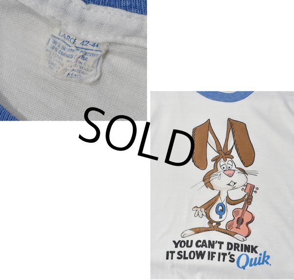 画像2: 80's~【ビンテージ】【USA製】【You can’t drink~】【ウサギ】【Quiky】Nesquik ネスクイック 白x水色リブ【リンガーTシャツ】【サイズL】   (2)