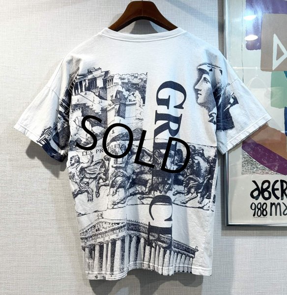 画像3: ビンテージ LES PROPYLEES【古代ギリシア】プリント 白ｘ紺 総柄【Ｔシャツ】【サイズL】  (3)