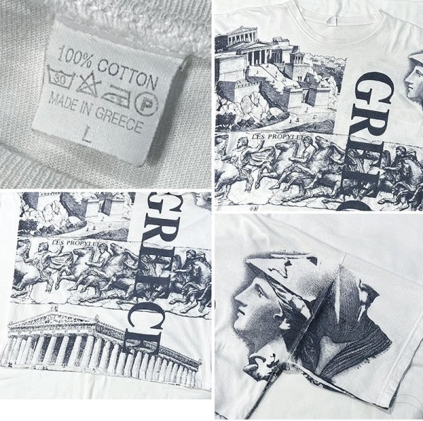 画像2: ビンテージ LES PROPYLEES【古代ギリシア】プリント 白x紺 総柄【Tシャツ】【サイズL】  (2)
