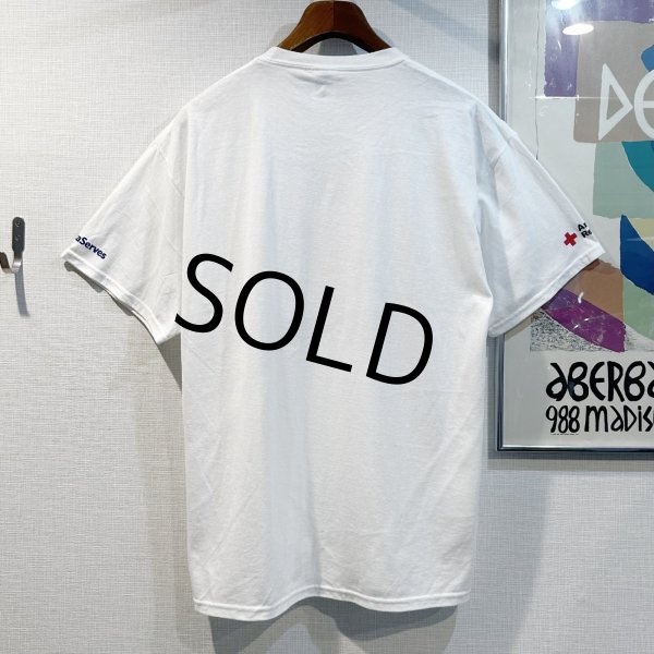 画像3: 程度良好!! ビンテージ【DELTA】BLOOD DONOR レッドクロス 赤ｘ青プリント 白Tシャツ サイズＬ   (3)