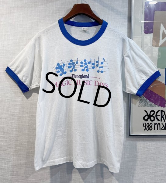 画像1: 80's【USA製】ビンテージ【SCREEN STARS】スクリーンスターズ【白×青リンガー】ディズニーランド【DISNEYLAND MAGIC MUSIC~】ミッキーマウス【Tシャツ】【サイズXL】  (1)