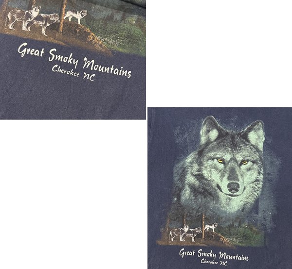 画像2: ビンテージ【グレート・スモーキー・ マウンテンズ国立公園】 Great Smoke Mountains Cherokee nc オオカミプリント【紺】Tシャツ【サイズS程度】  (2)