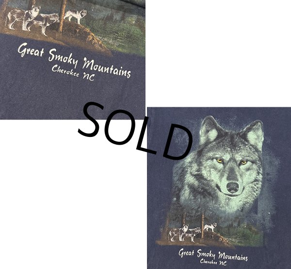 画像2: ビンテージ【グレート・スモーキー・ マウンテンズ国立公園】 Great Smoke Mountains Cherokee nc オオカミプリント【紺】Tシャツ【サイズS程度】  (2)