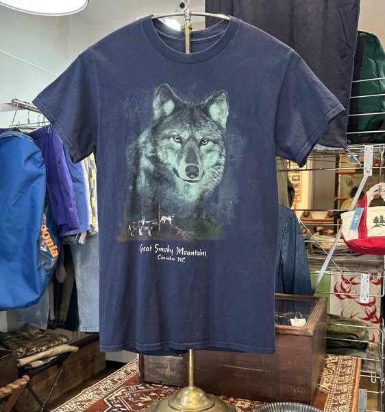 画像1: ビンテージ【グレート・スモーキー・ マウンテンズ国立公園】 Great Smoke Mountains Cherokee nc オオカミプリント【紺】Tシャツ【サイズS程度】  (1)