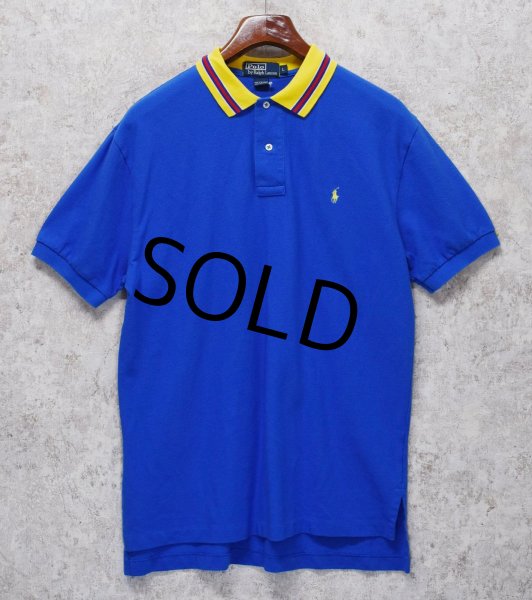 画像1: 90's【ラルフローレン】POLO RALPH LAUREN 【青×黄色襟】【無地】左胸ロゴ刺繍【ポロシャツ】【サイズL】   (1)