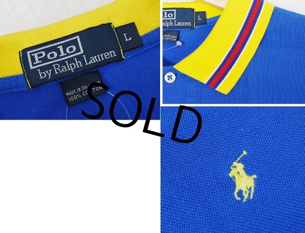 画像2: 90's【ラルフローレン】POLO RALPH LAUREN 【青×黄色襟】【無地】左胸ロゴ刺繍【ポロシャツ】【サイズL】   (2)