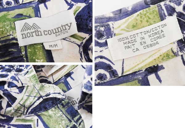 画像2: 【ビンテージ】north country【ノースカントリー】【紺×白×緑】【総柄】【コットン】半袖開襟シャツ【BDシャツ】【サイズＭ】   (2)