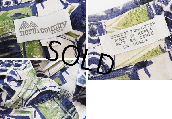 画像2: 【ビンテージ】north country【ノースカントリー】【紺×白×緑】【総柄】【コットン】半袖開襟シャツ【BDシャツ】【サイズＭ】   (2)