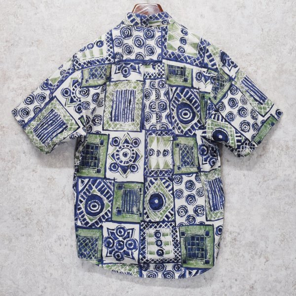 画像3: 【ビンテージ】north country【ノースカントリー】【紺×白×緑】【総柄】【コットン】半袖開襟シャツ【BDシャツ】【サイズＭ】   (3)
