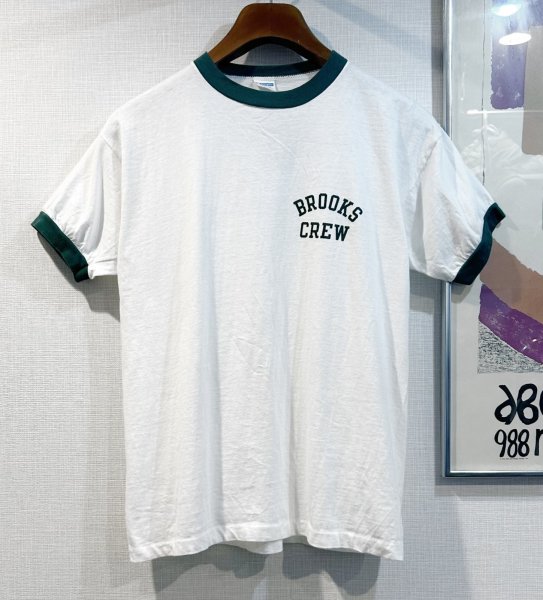 画像1: 【70's】【USA製】【ビンテージ】【チャンピオン】【Champion】【BROOKS CREW】染み込みプリント【白ｘ緑】【リンガーTシャツ】【サイズL】  (1)
