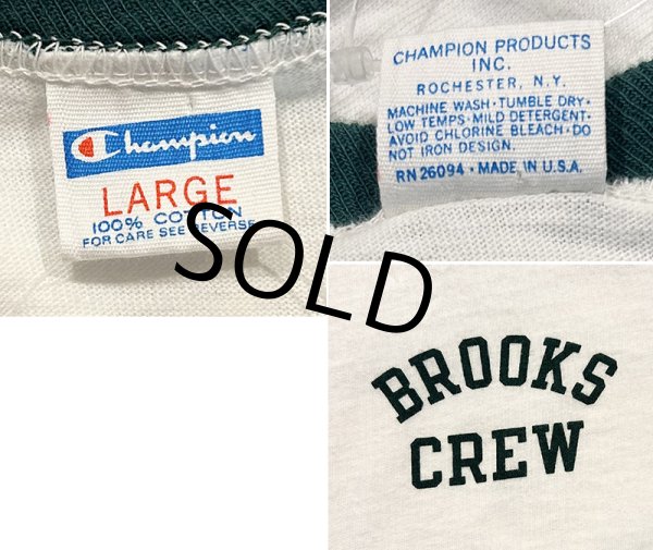画像2: 【70's】【USA製】【ビンテージ】【チャンピオン】【Champion】【BROOKS CREW】染み込みプリント【白x緑】【リンガーTシャツ】【サイズL】  (2)