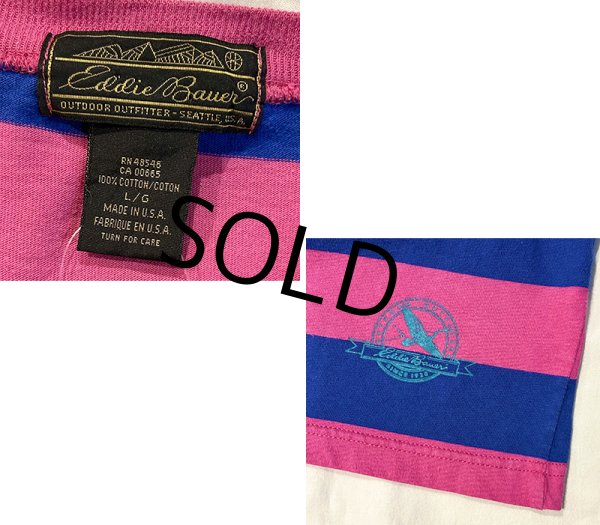 画像2: 〜90's USA製 ビンテージ【Eddie Bauer】【エディーバウアー】【青x赤ピンク】【ボーダー】【Tシャツ】【サイズL】  (2)