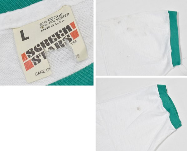 画像2:  デッドストック 【未使用】80's【USA製】スクリーンスターズ【ビンテージ】【NEW LENOX METHODIST】白ｘ緑【リンガーTシャツ】【サイズＬ】  (2)