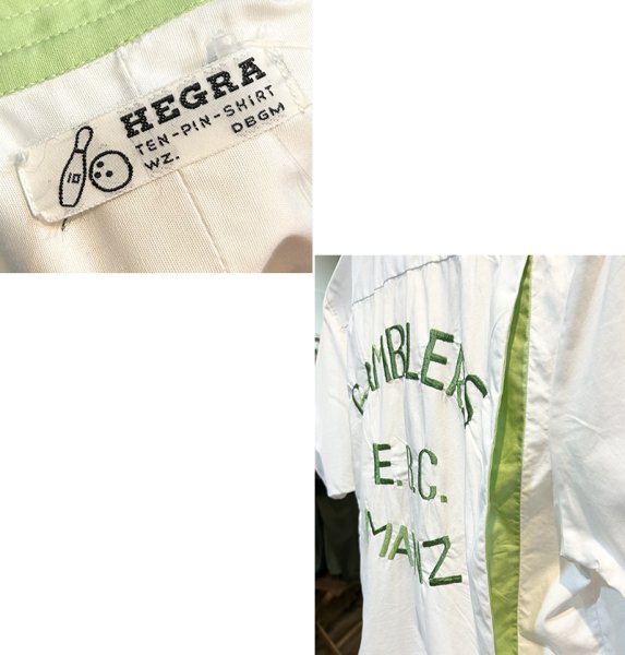 画像2: 〜70’ｓ【HEGRA】【白ｘ黄緑】【刺繍】【GAMBLERS E.B.C MAINZ】【ボーリングシャツ】【半袖シャツ】【サイズM程度】   (2)