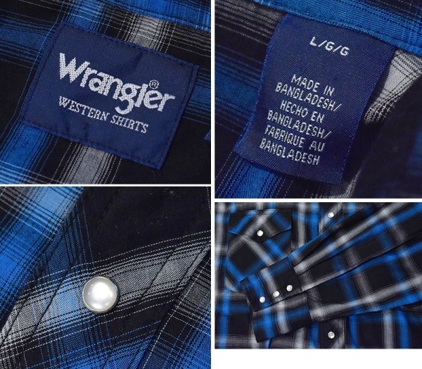 70s wrangler オンブレ　チェックシャツ　ウエスタンシャツ　好配色 Wrangler】ラングラー【ビンテージ】【黒×青】オンブレチェック
