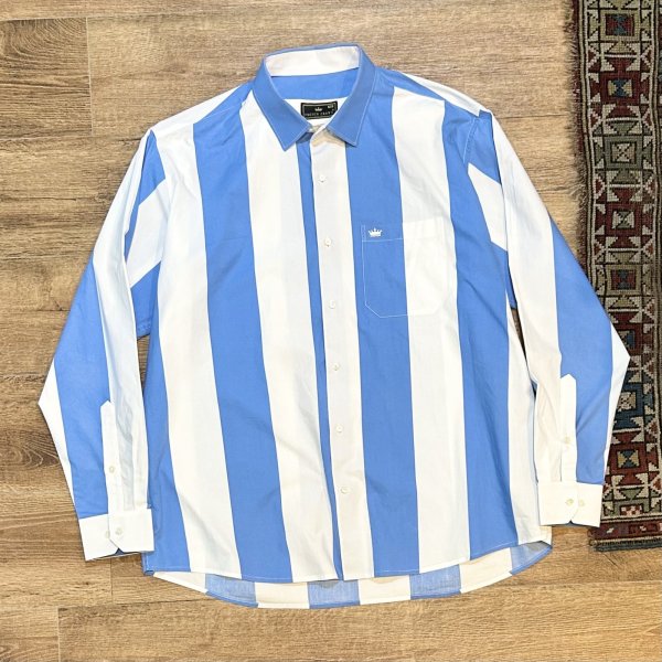 画像1: 【FRENCH CROWN】フレンチクラウン ビンテージ【白ｘ水色】ストライプ【コットン】シャツ 【サイズ４６】  (1)