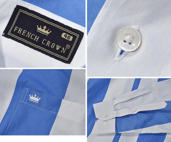 画像2: 【FRENCH CROWN】フレンチクラウン ビンテージ【白ｘ水色】ストライプ【コットン】シャツ 【サイズ４６】  (2)