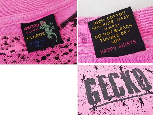 画像2: 90's~ USA製 ビンテージ【GECKO HAWAII】ゲッコーハワイ【ヤモリ】【ピンク×黒プリント】総柄【 Tシャツ】【サイズXL】  (2)