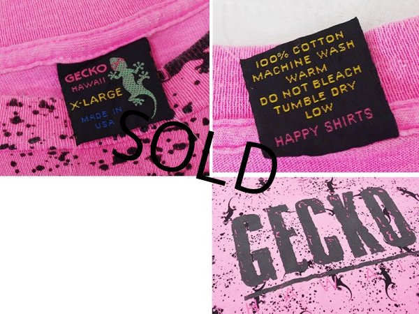 画像2: 90's~ USA製 ビンテージ【GECKO HAWAII】ゲッコーハワイ【ヤモリ】【ピンク×黒プリント】総柄【 Tシャツ】【サイズXL】  (2)