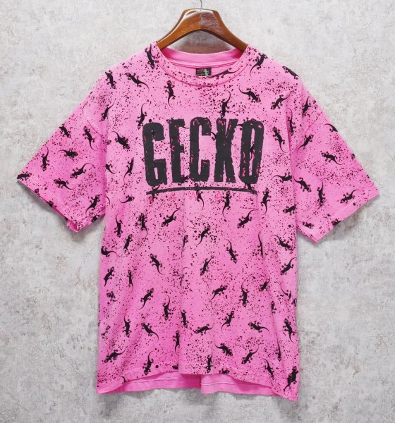 画像1: 90's~ USA製 ビンテージ【GECKO HAWAII】ゲッコーハワイ【ヤモリ】【ピンク×黒プリント】総柄【 Tシャツ】【サイズXL】  (1)