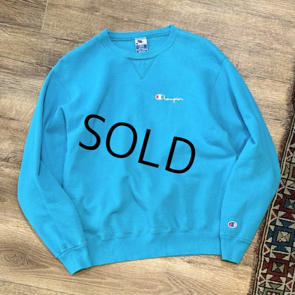 画像1: 90’ｓ【USA製】ビンテージ【Champion】【チャンピオン】前V ターコイズ 無地 胸ロゴ【スウェット】【サイズL】  (1)