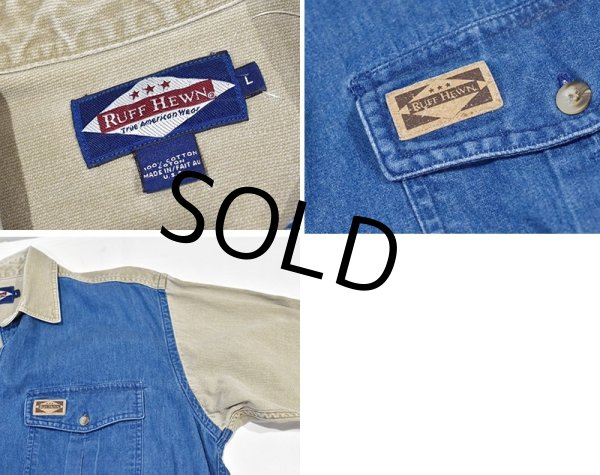 画像2: 【USA製】【ビンテージ】【RUFF HEWN】ラフ・ヒューン【青×ベージュ】袖切替【デニムシャツ】【サイズＬ】  (2)