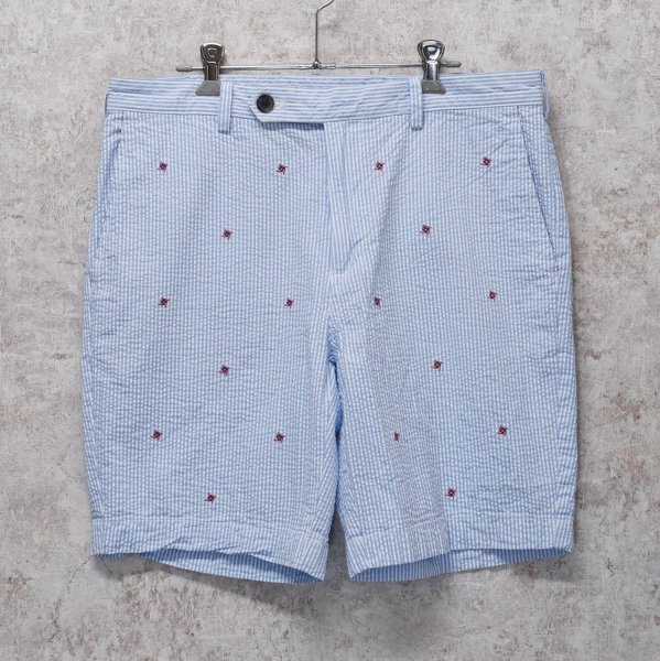 画像1: ビンテージ【ブルックスブラザーズ】【Brooks Brothers】白×水色【ストライプ】【シアサッカーパンツ】刺繍入り【ショーツ】半ズボン【短パン】【W34】  (1)