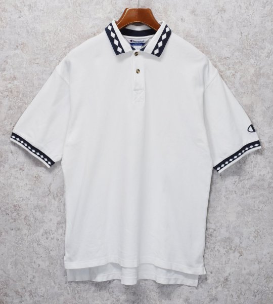 画像1: 【ビンテージ】【champion】チャンピオン【白×紺ひし形】コットン【ポロシャツ】【サイズL】  (1)