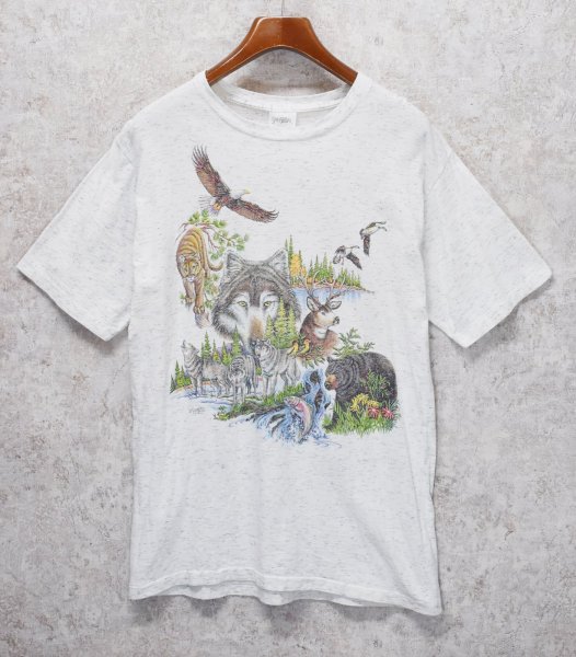 画像1: 90's~【USA製】【ビンテージ】Sansegal【サンシーガル】霜降り【白】動物【プリント】【Tシャツ】【サイズＬ】  (1)