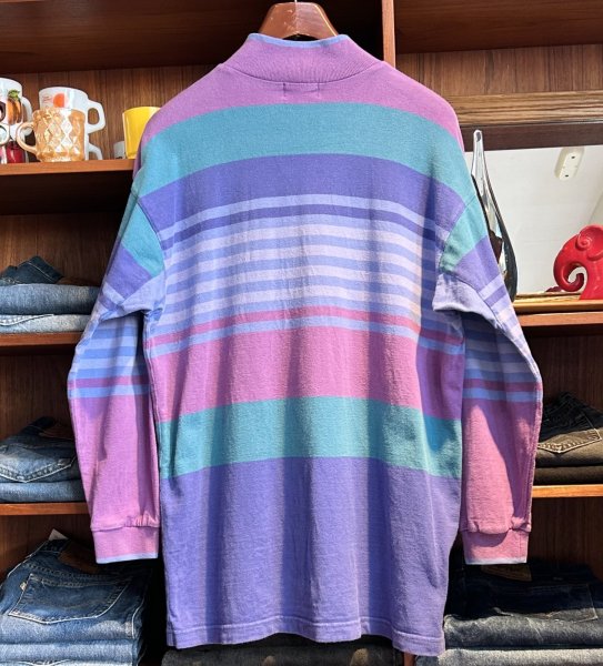 画像3: 80's【USA製】ビンテージ【L.L.Bean】LLビーン【紫系×緑】マルチボーダー【ボタン付きモックネック】ロンT【サイズL】  (3)