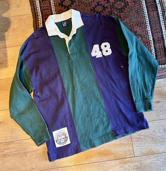 画像1: 90's ビンテージ【オールドGAP】【緑×紺】【無地切り返し】【４８】【ボーダー柄 】【ラガーシャツ】【サイズL】  (1)