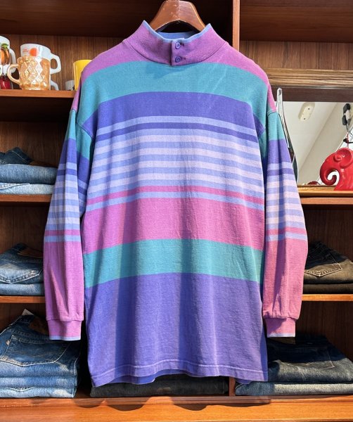 画像1: 80's【USA製】ビンテージ【L.L.Bean】LLビーン【紫系×緑】マルチボーダー【ボタン付きモックネック】ロンT【サイズL】  (1)