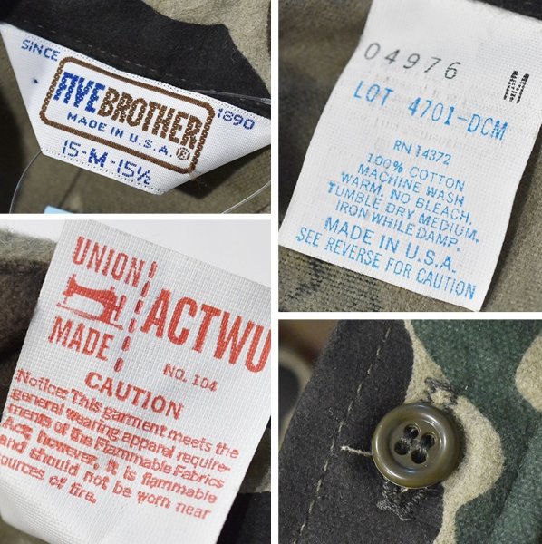 画像2: デッドストック 80's 【USA製】【ビンテージ】 【FIVEBROTHER】ファイブブラザー【カモフラ】シャモアシャツ サイズM  (2)