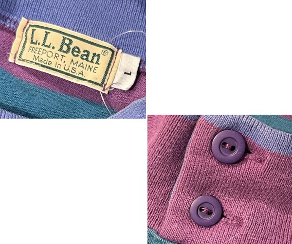 画像2: 80's【USA製】ビンテージ【L.L.Bean】LLビーン【紫系×緑】マルチボーダー【ボタン付きモックネック】ロンT【サイズL】  (2)