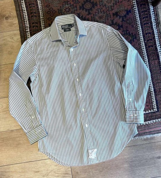 画像1: 新品未使用 90's~ ビンテージ【POLO RALPH LAUREN】ラルフローレン【REGENT】リージェント【白×緑ストライプ】【コットンシャツ】サイズ15 1/2 32/33  (1)