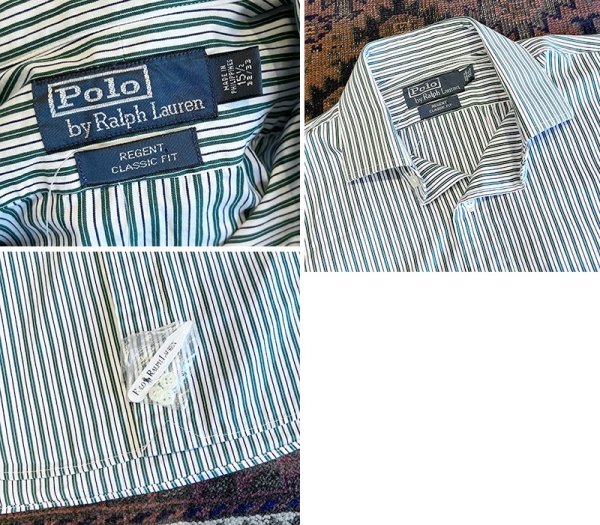 画像2: 新品未使用 90's~ ビンテージ【POLO RALPH LAUREN】ラルフローレン【REGENT】リージェント【白×緑ストライプ】【コットンシャツ】サイズ15 1/2 32/33  (2)