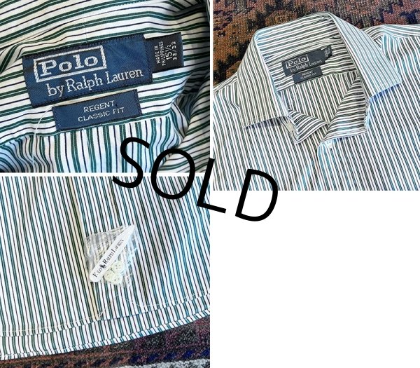 画像2: 新品未使用 90's~ ビンテージ【POLO RALPH LAUREN】ラルフローレン【REGENT】リージェント【白×緑ストライプ】【コットンシャツ】サイズ15 1/2 32/33  (2)