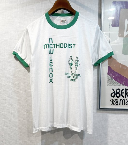 画像1:  デッドストック 【未使用】80's【USA製】スクリーンスターズ【ビンテージ】【NEW LENOX METHODIST】白ｘ緑【リンガーTシャツ】【サイズＬ】  (1)