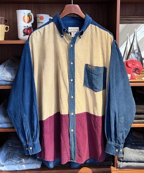 画像1: ビンテージ【ARIZONA】アリゾナ【青×ベージュ×エンジ】【コーデュロイ】切り返し【ロングスリーブシャツ】【ボタンダウンシャツ】【サイズL】  (1)