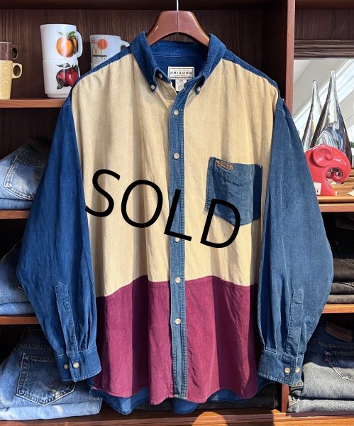 画像1: ビンテージ【ARIZONA】アリゾナ【青×ベージュ×エンジ】【コーデュロイ】切り返し【ロングスリーブシャツ】【ボタンダウンシャツ】【サイズL】  (1)