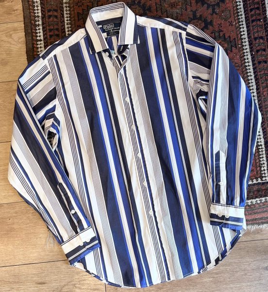 画像1: 90's~ ビンテージ【POLO RALPH LAUREN】ラルフローレン【REGENT】リージェント【クラシックフィット】【白×青×紺ストライプ】【コットンシャツ】サイズ15 1/2 M  (1)