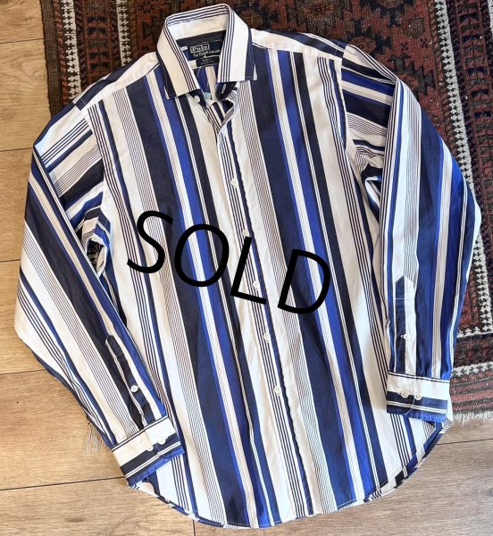 画像1: 90's~ ビンテージ【POLO RALPH LAUREN】ラルフローレン【REGENT】リージェント【クラシックフィット】【白×青×紺ストライプ】【コットンシャツ】サイズ15 1/2 M  (1)