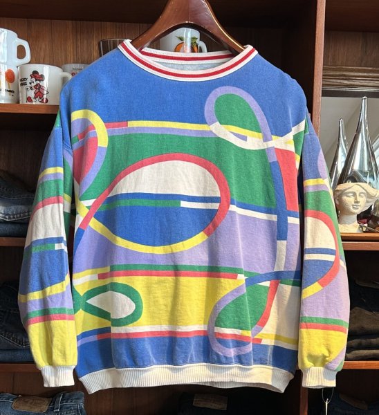 画像1: USA製【ビンテージ】【GREENIE APG】【カラフル】総柄【リブ付き】ロンT【スウェット】【レディース古着】【サイズW-M程度】  (1)