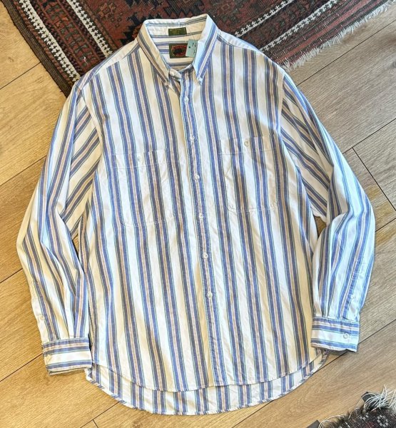 画像1:  ビンテージ【BOTON TRADERS】ボストントレーダーズ【白ｘ青ｘ黄色】ストライプ【コットン】ボタンダウンシャツ  サイズＬ  (1)